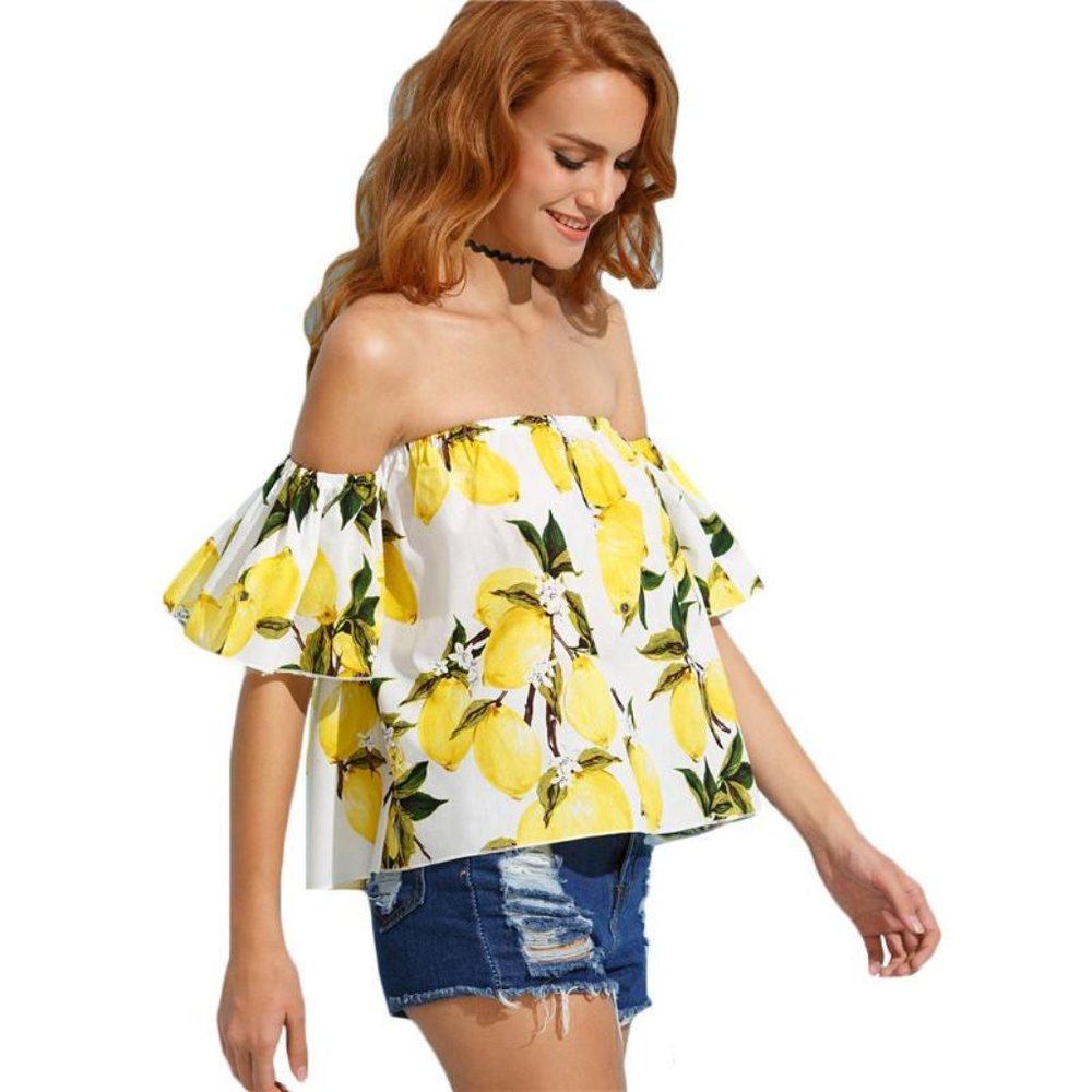 Off The Shoulder Ruffle Blouse Lemon Print